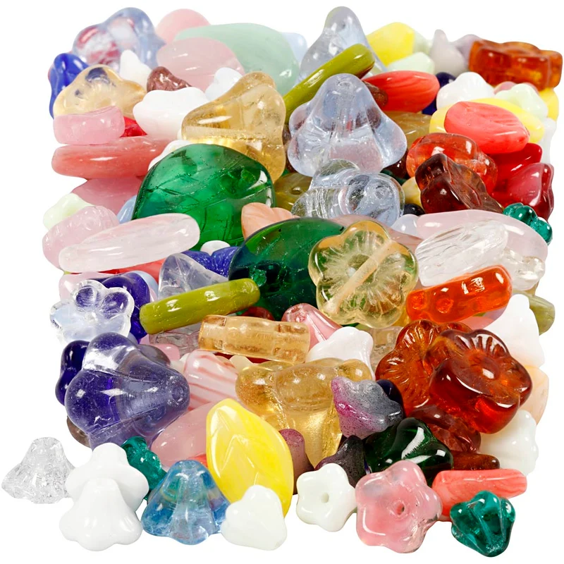 Glasperlen, Blätter, Blumen, D 6-17 mm, Lochgröße 0,5-1,5 mm, Sortierte Farben, 350 g/ 1 Pck [HOB-68426]