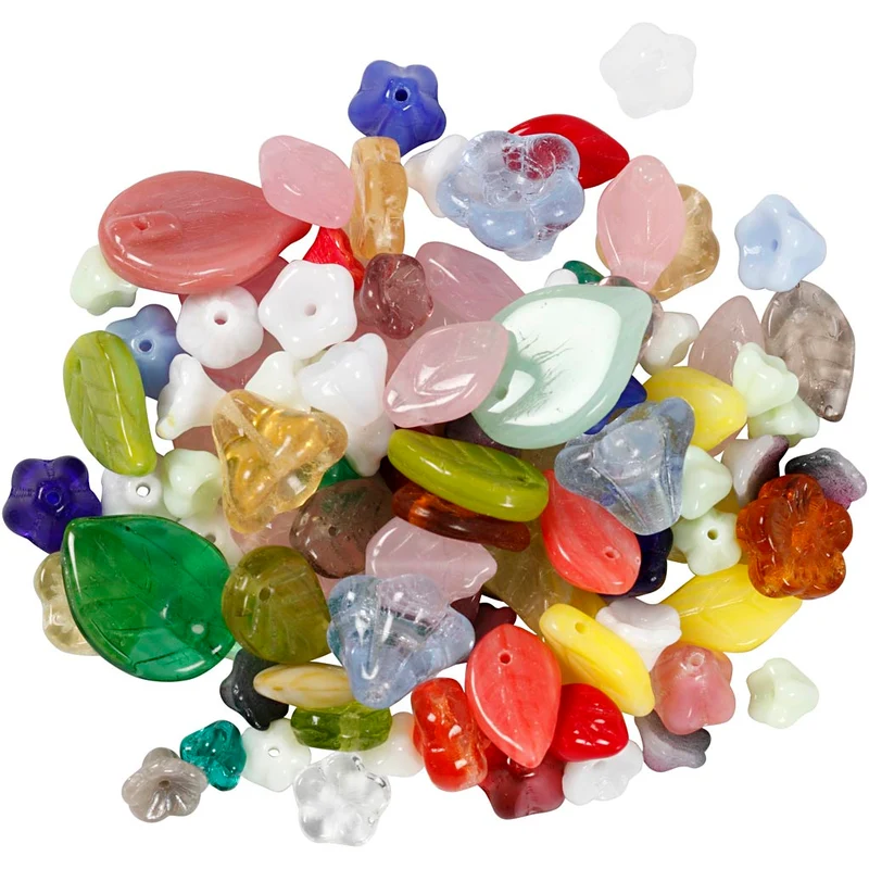 Glasperlen, Blätter, Blumen, D 6-17 mm, Lochgröße 0,5-1,5 mm, Sortierte Farben, 350 g/ 1 Pck [HOB-68426]
