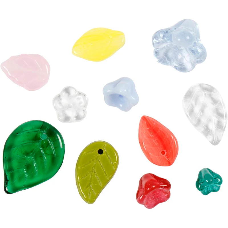 Glasperlen, Blätter, Blumen, D 6-17 mm, Lochgröße 0,5-1,5 mm, Sortierte Farben, 350 g/ 1 Pck [HOB-68426]