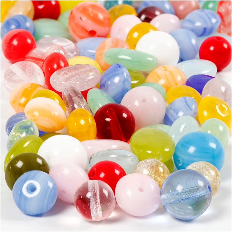 Glasperlen, rund, oval, kreisförmig, D 6-13 mm, Lochgröße 0,5-1,5 mm, Sortierte Farben, 60 g/ 1 Pck [HOB-684250]
