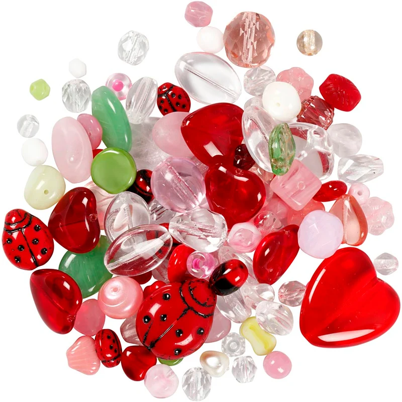 Glasperlen, Marienkäfer, Blätter, Herzen, D 5-22 mm, Lochgröße 0,5-1,5 mm, Sortierte Farben, 350 g/ 1 Pck [HOB-68423]