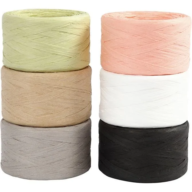 Papierbast (Raffia), B 7-8 mm, Sortierte Farben, 6x100 m/ 1 Pck [HOB-503299]