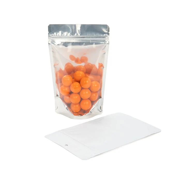 Standbodenbeutel Transparent/Weiß 13x8x20.5cm | 110 Gramm mit Aufhängeloch (100 Stück) [ZBGW3H]