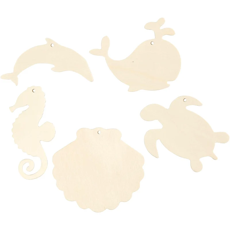 Meerestiere zum Aufhängen, Seepferdchen, Schildkröte, Delfin, Muschel und Wal, H 5-10 cm, B 5-10 cm, Lochgröße 3 mm, Dicke 2 mm, 5 Stk/ 1 Pck [HOB-57972]