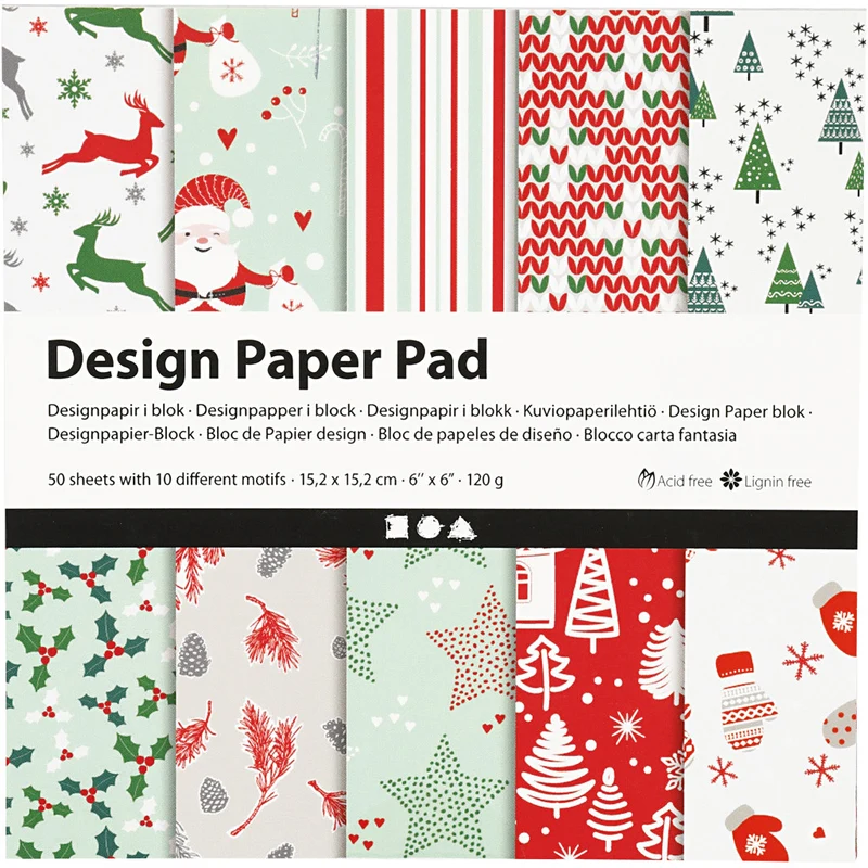 Design-Papier im Block, Blatt 15,2x15,2 cm, 120 g, Grün, Rot, Weiß, 50 Bl./ 1 Pck [HOB-225908]
