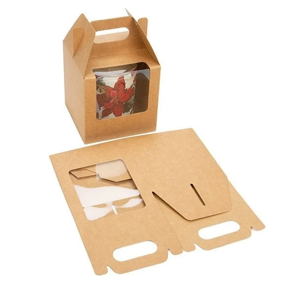 Geschenkschachteln mit 3 Fenstern & Griff Kraft Braun 10.2x10.2x10.2cm (25 Stück) [WKRG57]