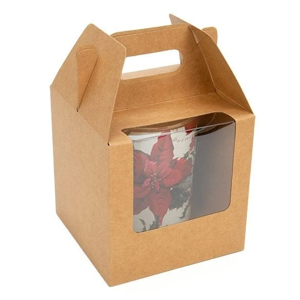 Geschenkschachteln mit 3 Fenstern & Griff Kraft Braun 10.2x10.2x10.2cm (25 Stück) [WKRG57]