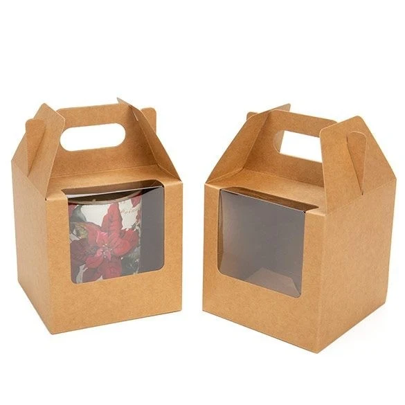 Geschenkschachteln mit 3 Fenstern & Griff Kraft Braun 10.2x10.2x10.2cm (25 Stück) [WKRG57]