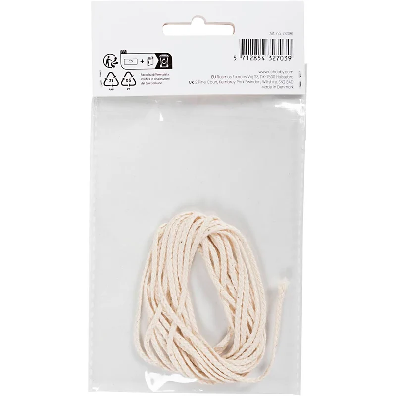 Docht , Geeignet für getauchte Kerzen (Durchm. 15–22 mm) und geformte Kerzen (Durchm. 40–60 mm), 100 g, 3 m/ 1 Pck [HOB-733181]
