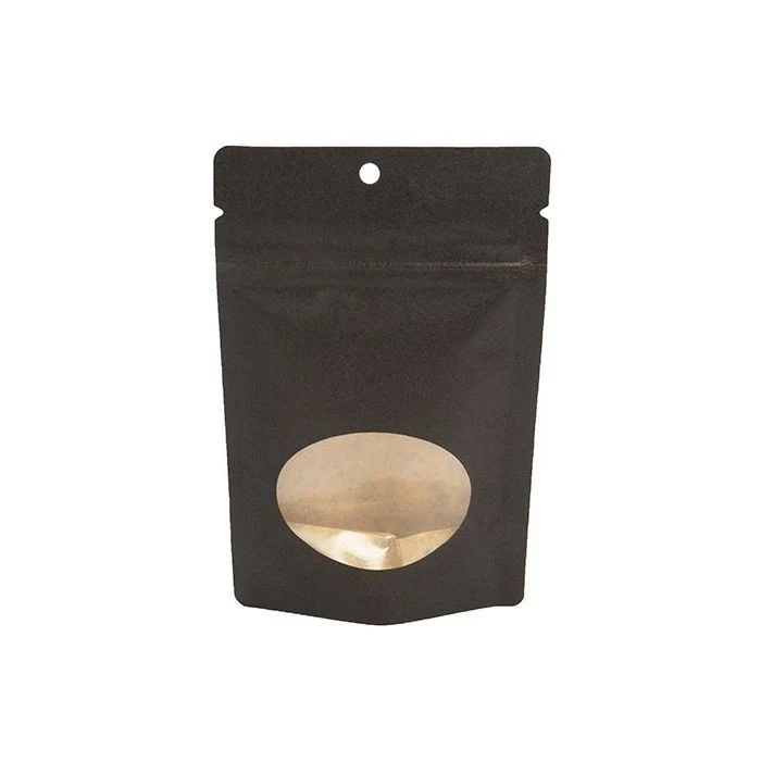 Standbodenbeutel Kraft Schwarz 10.2x6x15.2cm | 57 Gramm mit rundem Fenster und mit Aufhängeloch (100 Stück) [ZBGO2BKH]