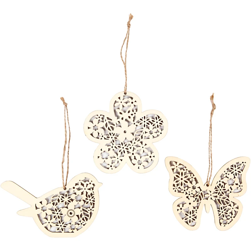 Holz-Anhänger, Schmetterling, Blume, Vogel, H 10 cm, B 10 cm, 90 Stk/ 1 Pck [HOB-57971]