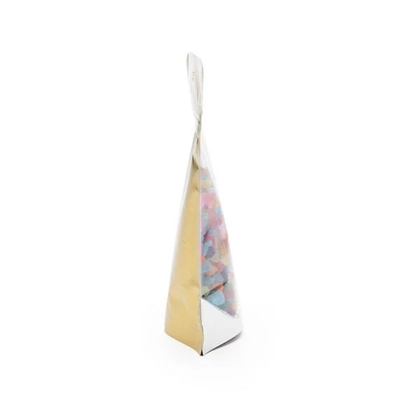 Standbodenbeutel Transparent/Gold 9.5x5.7x15.7cm | 57 Gramm mit Aufhängeloch (100 Stück) [ZBGG35H]