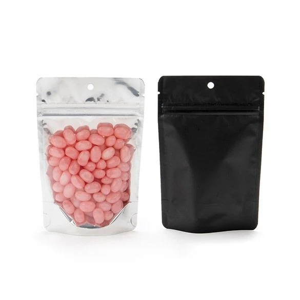 Standbodenbeutel Transparent/Schwarz 10.2x6x15.2cm | 57 Gramm mit Aufhängeloch (100 Stück) [ZBGB2H]