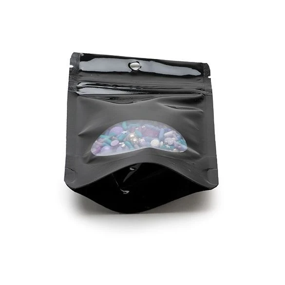 Standbodenbeutel Schwarz 8x5x13cm | 28 Gramm mit rundem Fenster & Aufhängeloch (100 Stück) [ZBGO1BH]