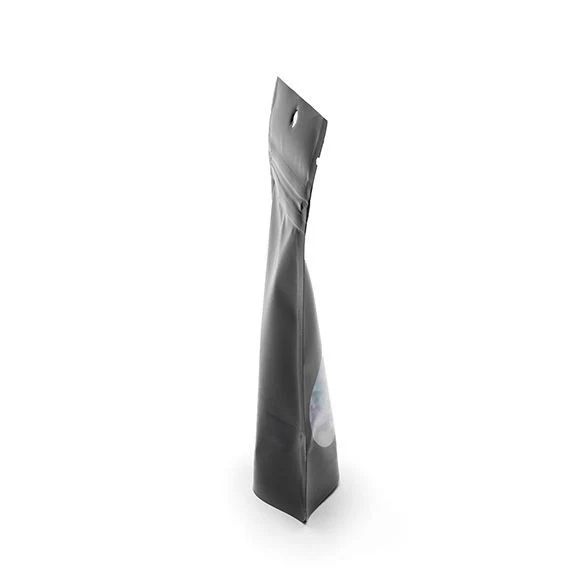 Standbodenbeutel Schwarz 8x5x13cm | 28 Gramm mit rundem Fenster & Aufhängeloch (100 Stück) [ZBGO1BH]