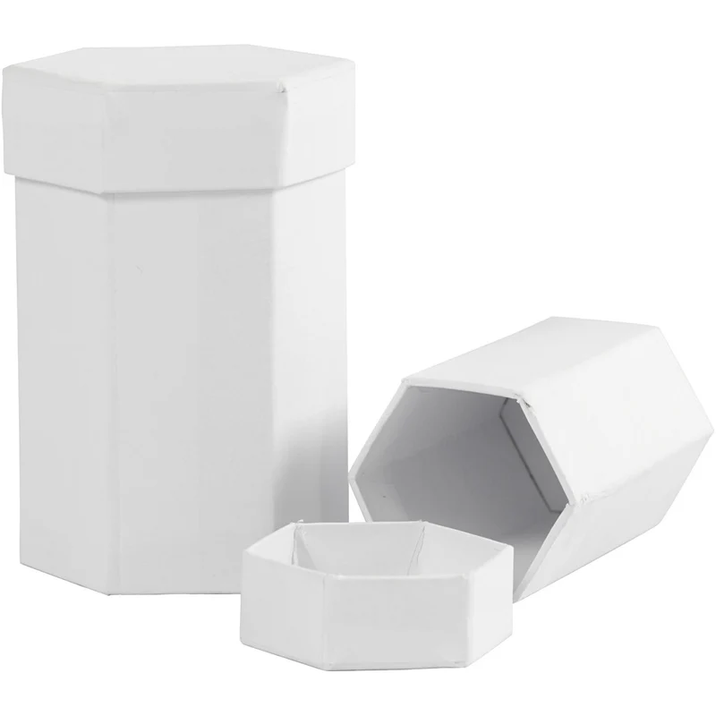 Sechseckige Deckelkartons, H 7+9 cm, Größe 4,5+6 cm, Weiß, 2 Stk/ 1 Set [HOB-504325]