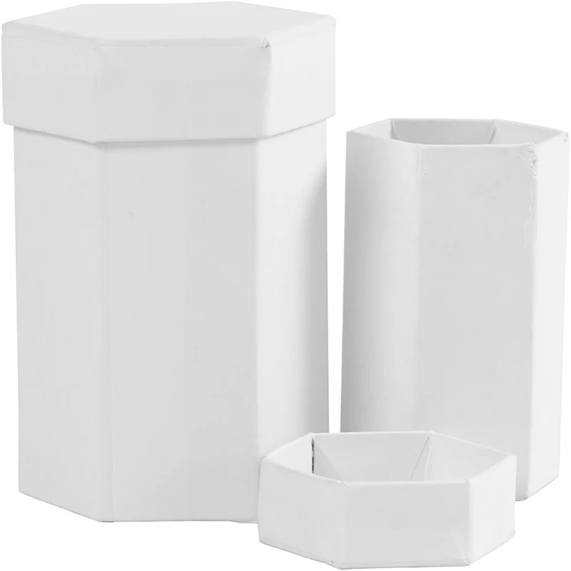 Sechseckige Deckelkartons, H 7+9 cm, Größe 4,5+6 cm, Weiß, 2 Stk/ 1 Set [HOB-504325]