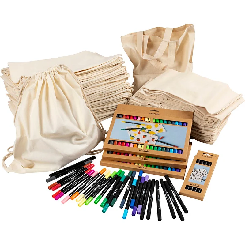 Gruppen-Kreativset Henkel-Stofftaschen und Zugband-Stoffbeutel, Größe 27,5x30 cm, Sortierte Farben, 1 Set [HOB-97075]