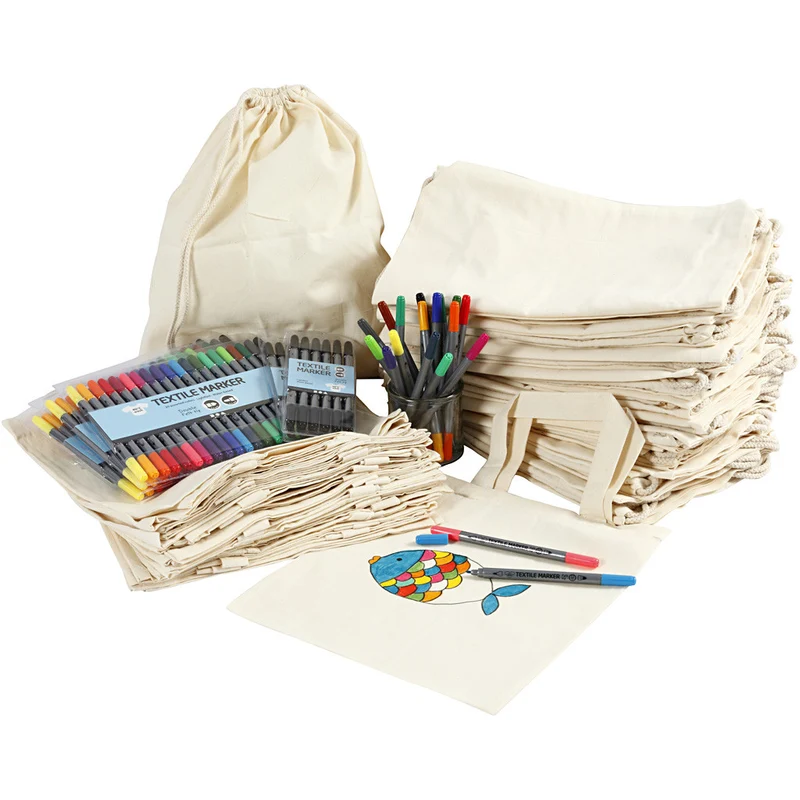 Gruppen-Kreativset Henkel-Stofftaschen und Zugband-Stoffbeutel, Größe 27,5x30 cm, Sortierte Farben, 1 Set [HOB-97075]