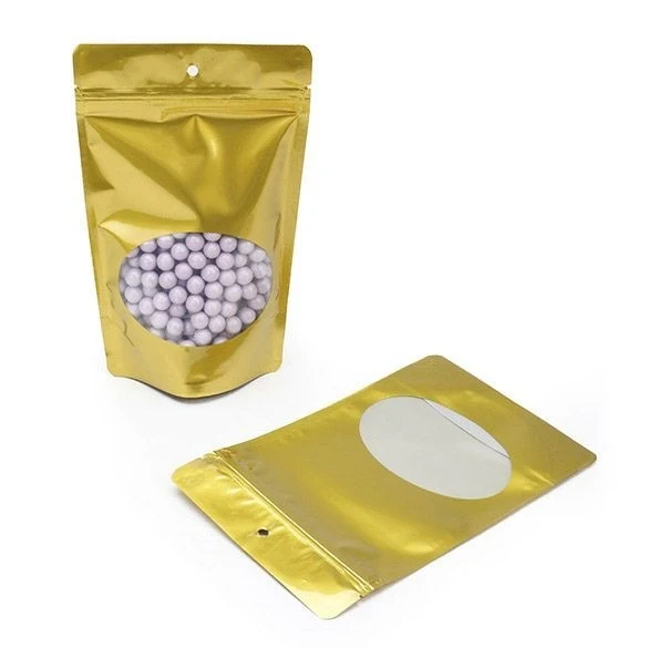 Standbodenbeutel Gold 13x8x20.5cm | 110 Gramm mit rundem Fenster & Aufhängeloch (100 Stück) [ZBGO3GH]