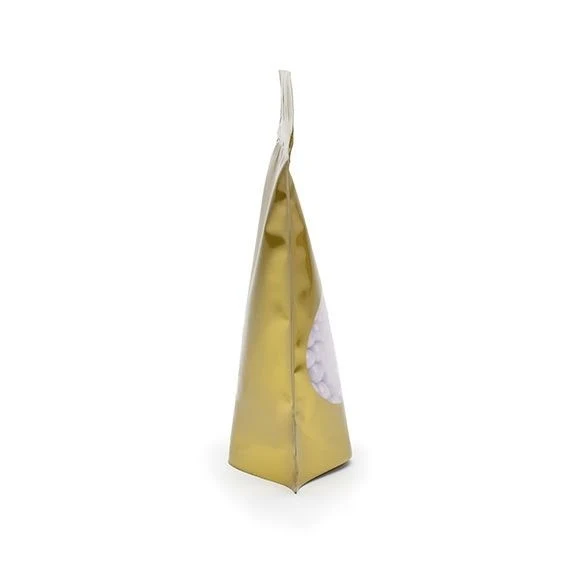 Standbodenbeutel Gold 13x8x20.5cm | 110 Gramm mit rundem Fenster & Aufhängeloch (100 Stück) [ZBGO3GH]