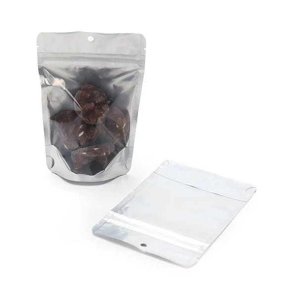 Standbodenbeutel Transparent/Silber 10.2x6x15.2cm | 57 Gramm mit Aufhängeloch (100 Stück) [ZBGS2H]