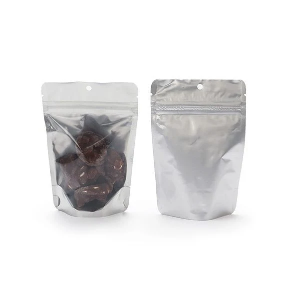 Standbodenbeutel Transparent/Silber 10.2x6x15.2cm | 57 Gramm mit Aufhängeloch (100 Stück) [ZBGS2H]