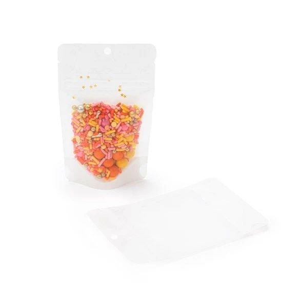 Standbodenbeutel Reispapier Transparent/Weiß 8x5x13cm | 28 Gramm mit Aufhängeloch (100 Stück) [ZBGR1WCH]