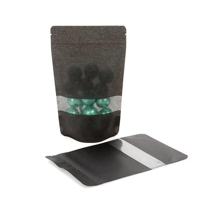 Standbodenbeutel Reispapier Schwarz 13x7.9x20.6cm | 110 Gramm mit Fenster (100 Stück) [ZBGR3B]