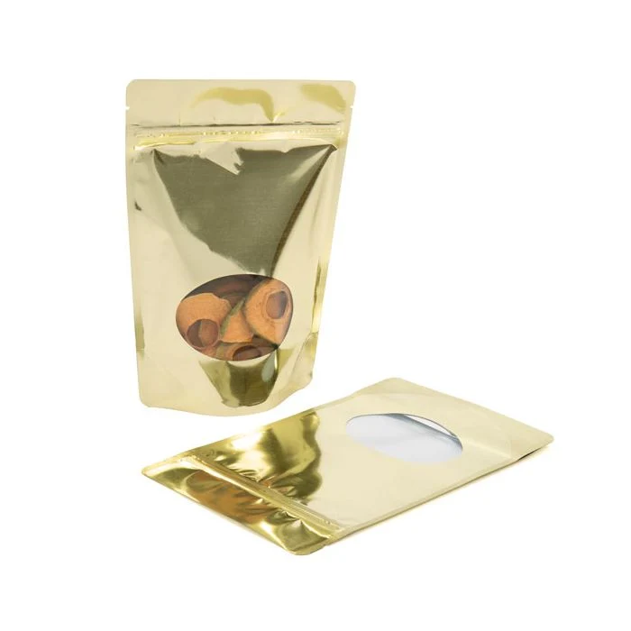 Standbodenbeutel Gold 14.9x8.9x23.2cm | 310 Gramm mit rundem Fenster (100 Stück) [ZBGMO7SG]