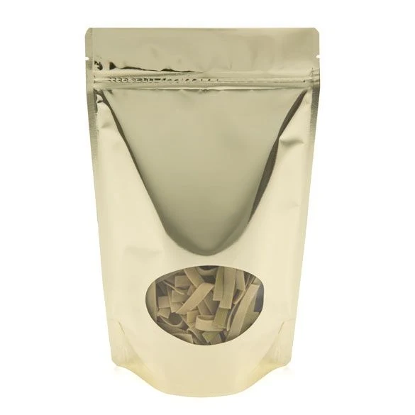 Standbodenbeutel Gold 17.1x8.9x28.6cm | 340 Gramm mit rundem Fenster (100 Stück) [ZBGMO4SG]