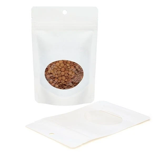 Öko Standbodenbeutel Kraft/Bioplastik Weiß 57 Gramm | 10.2x6x15.2cm mit Fenster (100 Stück) [ZBGEO2W]