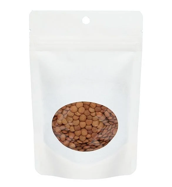 Öko Standbodenbeutel Kraft/Bioplastik Weiß 57 Gramm | 10.2x6x15.2cm mit Fenster (100 Stück) [ZBGEO2W]