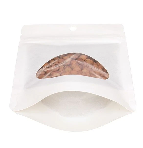 Öko Standbodenbeutel Kraft/Bioplastik Weiß 57 Gramm | 10.2x6x15.2cm mit Fenster (100 Stück) [ZBGEO2W]