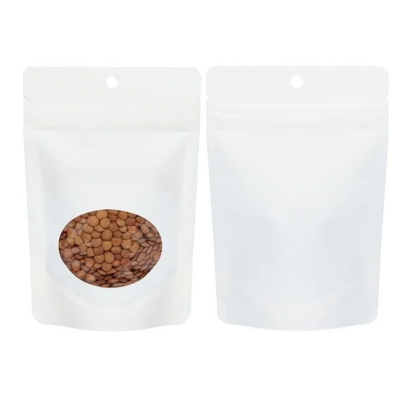 Öko Standbodenbeutel Kraft/Bioplastik Weiß 57 Gramm | 10.2x6x15.2cm mit Fenster (100 Stück) [ZBGEO2W]