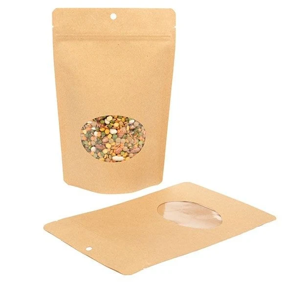 Öko Standbodenbeutel Kraft/Bioplastik 312 Gramm | 14.9x8.9x23.2cm mit Fenster (100 Stück) [ZBGEO7K]