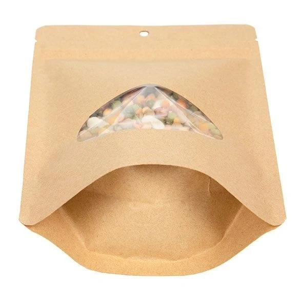 Öko Standbodenbeutel Kraft/Bioplastik 312 Gramm | 14.9x8.9x23.2cm mit Fenster (100 Stück) [ZBGEO7K]