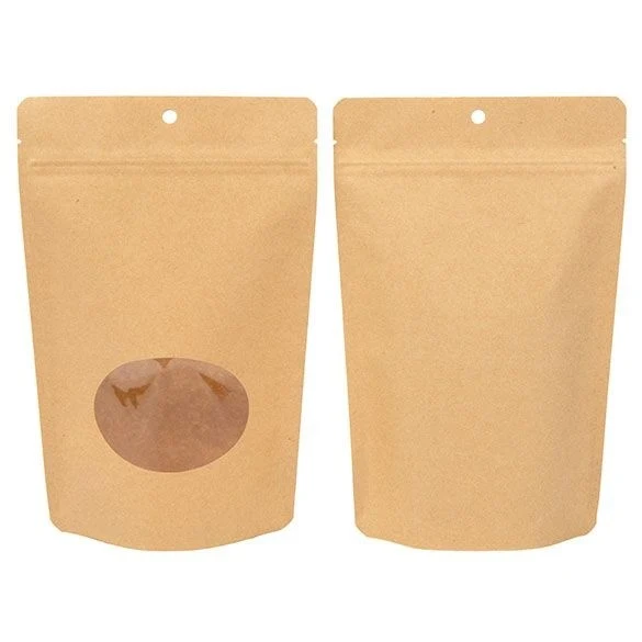 Öko Standbodenbeutel Kraft/Bioplastik 312 Gramm | 14.9x8.9x23.2cm mit Fenster (100 Stück) [ZBGEO7K]