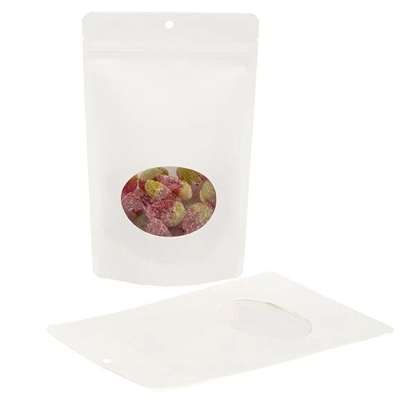 Öko Standbodenbeutel Kraft/Bioplastik Weiß 312 Gramm | 14.9x8.9x23.2cm mit Fenster (100 Stück) [ZBGEO7W]