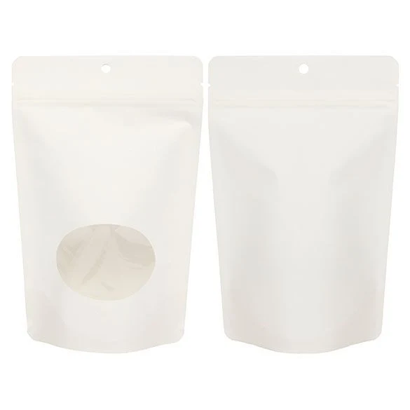 Öko Standbodenbeutel Kraft/Bioplastik Weiß 312 Gramm | 14.9x8.9x23.2cm mit Fenster (100 Stück) [ZBGEO7W]