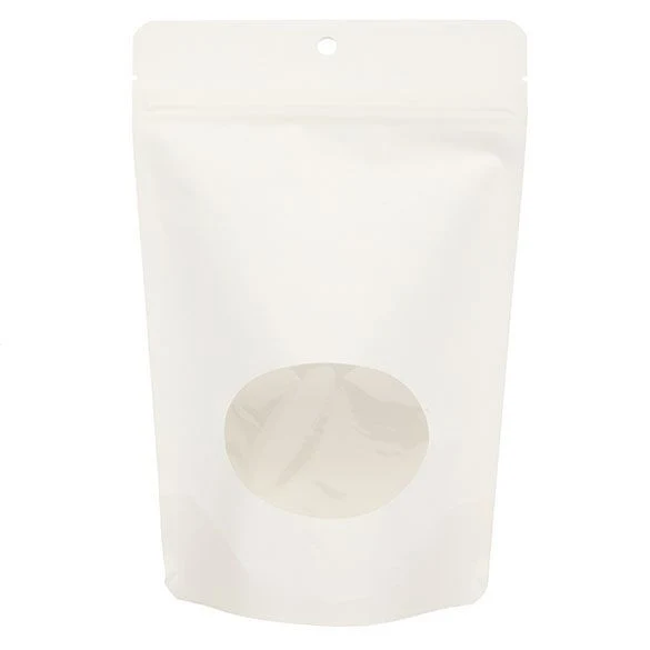 Öko Standbodenbeutel Kraft/Bioplastik Weiß 312 Gramm | 14.9x8.9x23.2cm mit Fenster (100 Stück) [ZBGEO7W]
