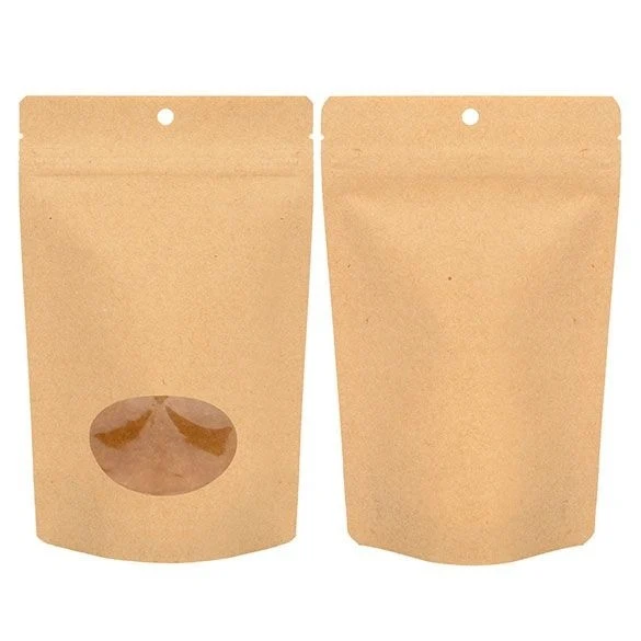 Öko Standbodenbeutel Kraft/Bioplastik 113 Gramm | 13x7.9x20.6cm mit Fenster (100 Stück) [ZBGEO3K]