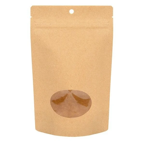 Öko Standbodenbeutel Kraft/Bioplastik 113 Gramm | 13x7.9x20.6cm mit Fenster (100 Stück) [ZBGEO3K]