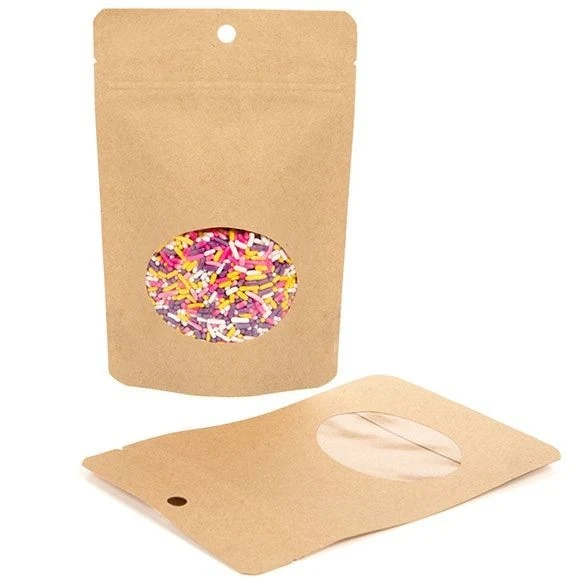 Öko Standbodenbeutel Kraft/Bioplastik 57 Gramm | 10.2x6x15.2cm mit Fenster (100 Stück) [ZBGEO2K]