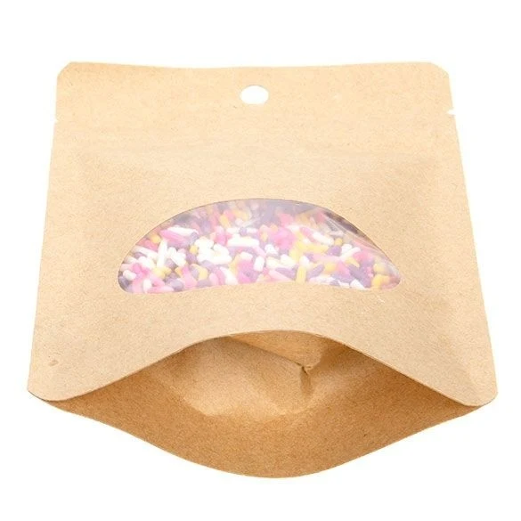 Öko Standbodenbeutel Kraft/Bioplastik 57 Gramm | 10.2x6x15.2cm mit Fenster (100 Stück) [ZBGEO2K]