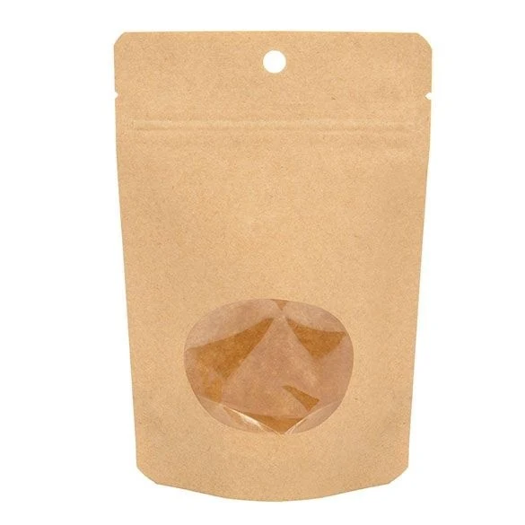 Öko Standbodenbeutel Kraft/Bioplastik 57 Gramm | 10.2x6x15.2cm mit Fenster (100 Stück) [ZBGEO2K]