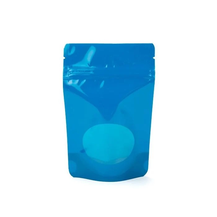 Standbodenbeutel Blau 14.9x8.9x23.2cm | 310 Gramm mit rundem Fenster (100 Stück) [ZBGO7BL]
