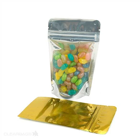 Standbodenbeutel Transparent/Gold 9.5x5.7x15.7cm | 57 Gramm (100 Stück) [ZBGG35]