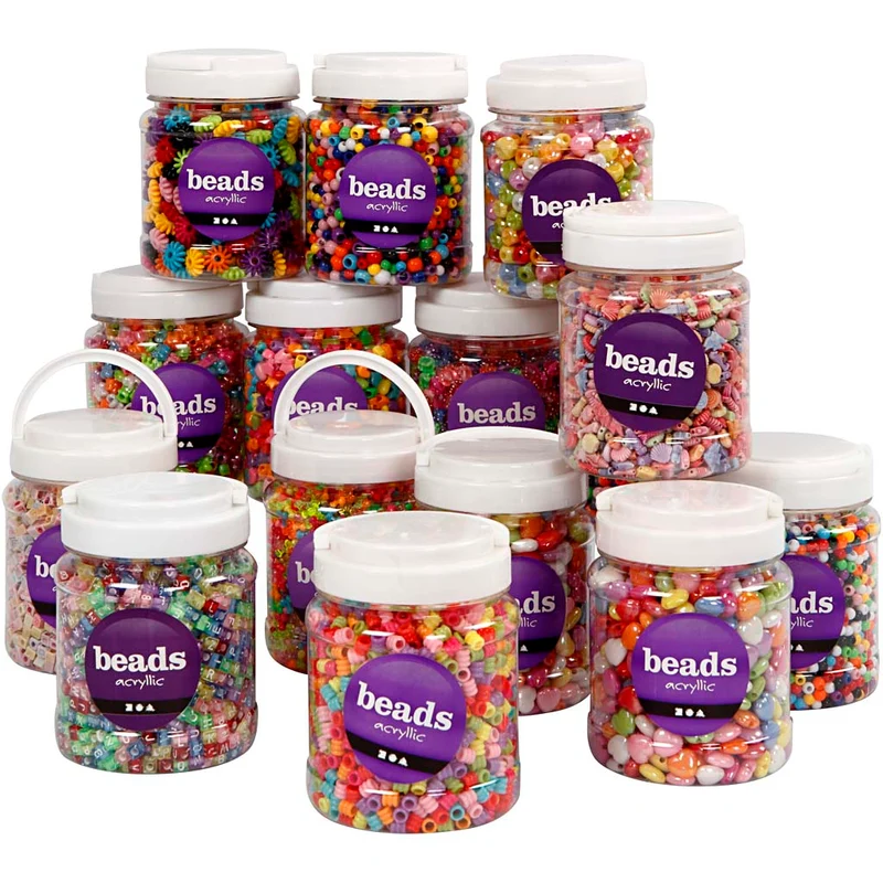 Kunststoffperlen, Größe 6-15 mm, Lochgröße 1,5-6 mm, Sortierte Farben, 16x700 ml/ 1 Pck [HOB-99855]