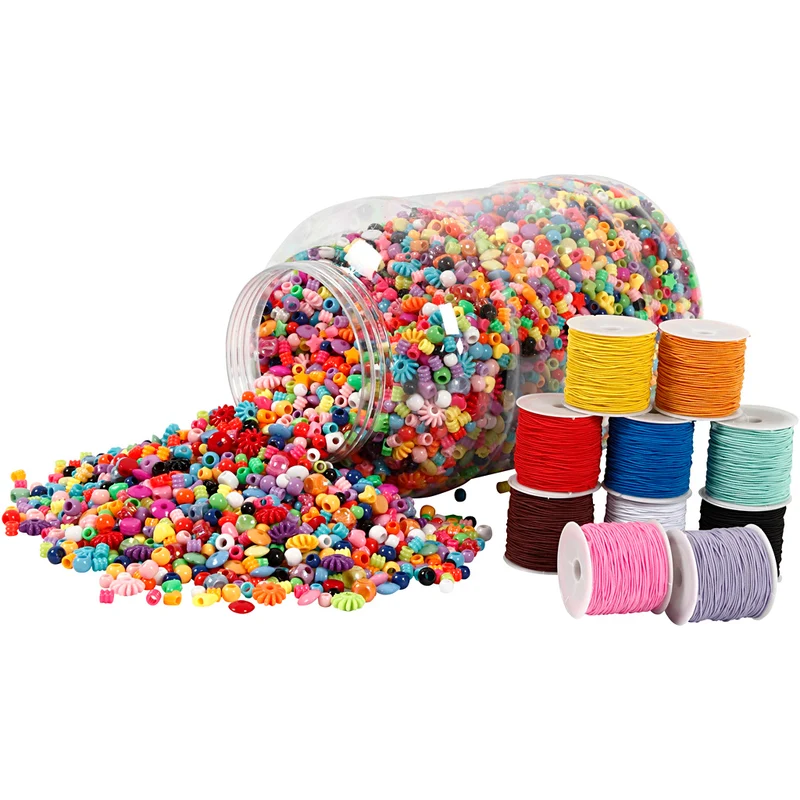 Kunststoffperlen im Eimer und Elastisches Schmuckband, 1 Set [HOB-99658]